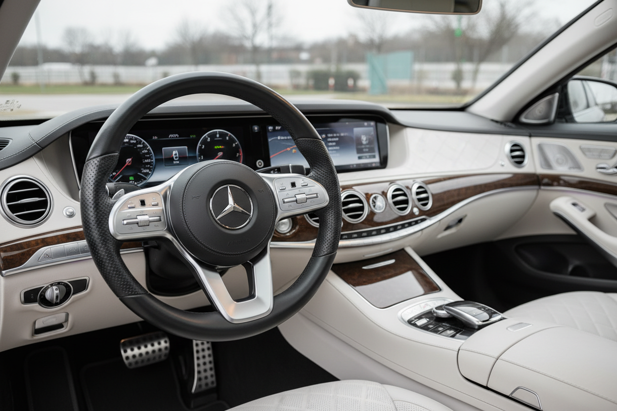 Mercedes Close-up Black Padded Steering Wheel White Interior
